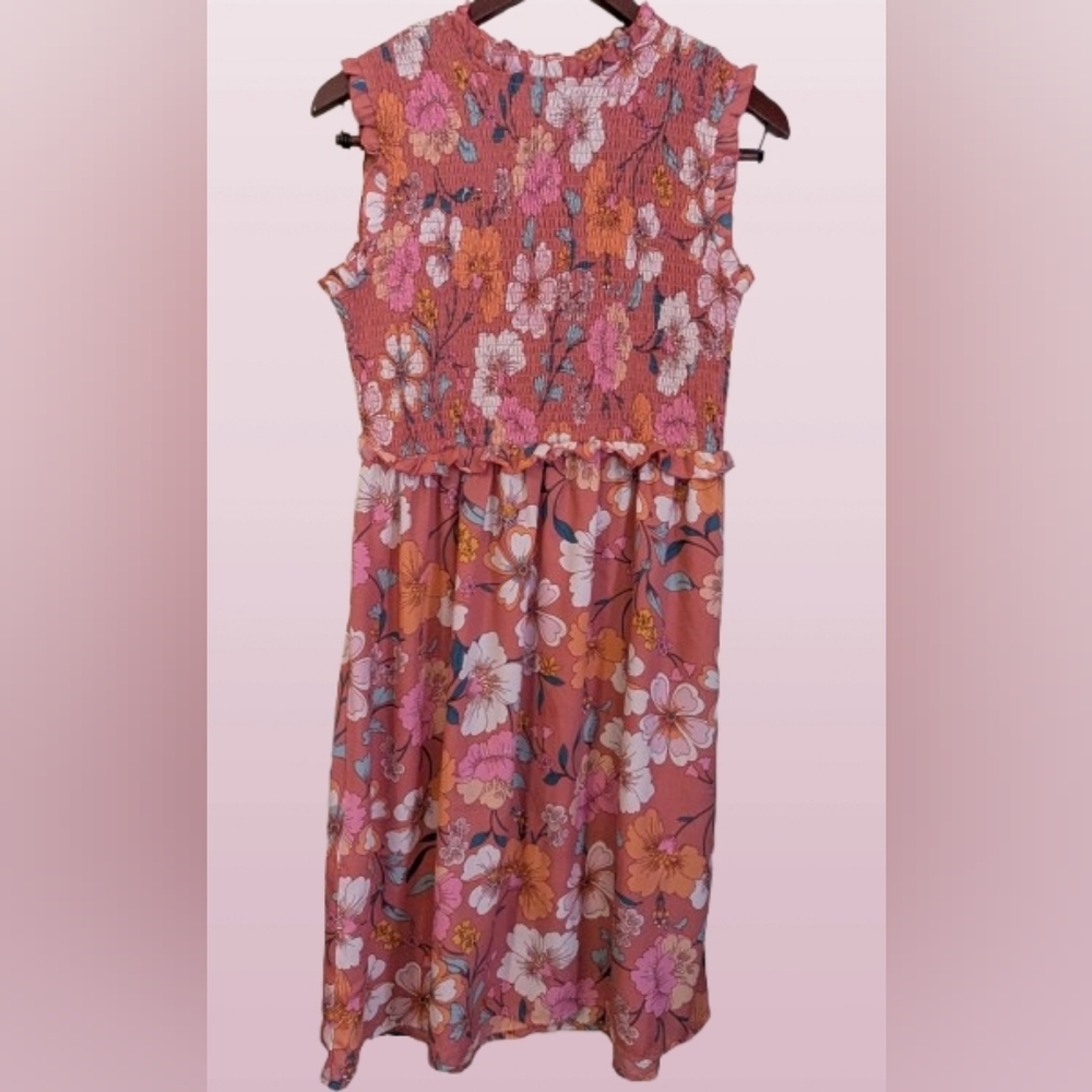 Vibrant Pink Orange Teal Tropical Floral Dress Size Large
